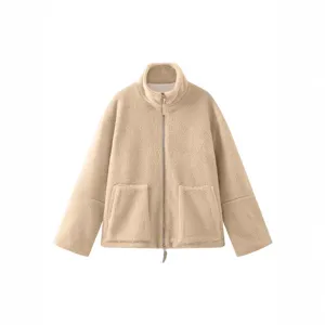 Women's beige fleece zip-up jacket cozy stand collar autumn winter casual outerwear