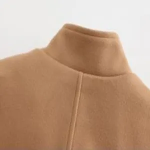 Close-up detail of the camel men's wool coat stand collar and shoulder stitching texture.