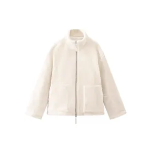 Women solid color high neck fleece jacket winter warm cozy outerwear with front zipper and pockets