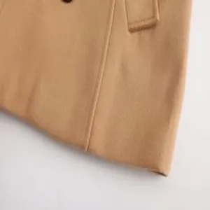 Close-up detail of men's winter wool blend trench coat in classic camel, premium fabric.