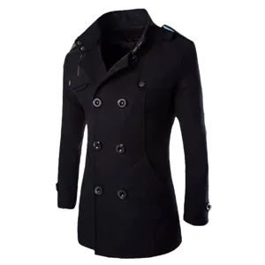 Men's black double-breasted wool trench coat, stylish mid-length slim fit winter outerwear.