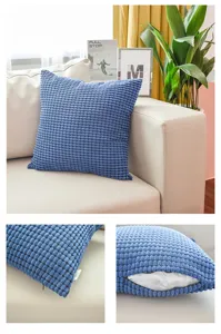Detail view of Nordic corduroy corn grain throw pillow cushion cover with smooth zipper.