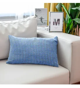 Nordic style blue corduroy sofa cushion cover, modern textured throw pillow for living room.