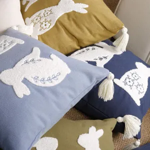 Tufted bunny embroidered pillow cover with tassel, cotton linen decorative throw pillow case.
