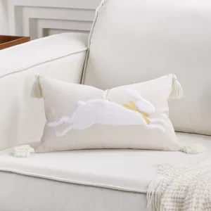 Easter bunny throw pillow cover with cute tassel design, soft linen cushion case for sofa.