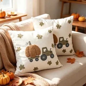 Fodera per cuscino autunno zucca trattore, decoro divano foglia raccolto ricamata.