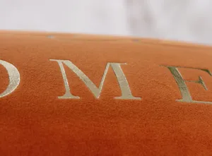Velvet pillow cover detail showcasing orange fabric and metallic gold embossed English letters.