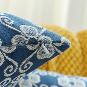 Blue and white jacquard throw pillow cover with hidden zipper for modern sofa home decoration.