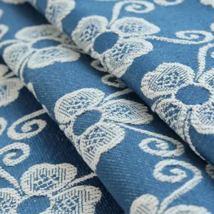 Jacquard fabric detail shot showing blue and white floral pattern, premium texture and woven design.