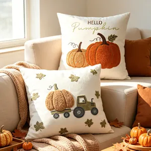 Fodera per cuscino autunnale con zucca e trattore ricamato, decorazione divano.