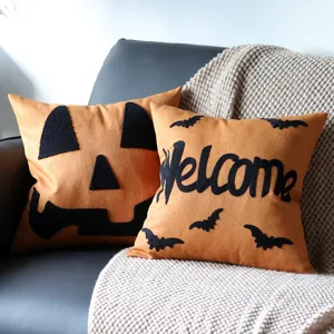 Halloween pumpkin and bat throw pillow covers set, orange decorative cushion cases for home.