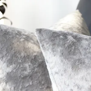 Grey velvet throw pillow cover detail, soft plush cushion case for modern sofa decor.