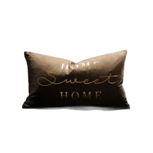 Brown velvet lumbar pillow cover with gold foil text home sweet home for modern sofa decor