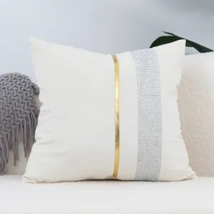 Solid color velvet throw pillow cover with elegant gold stripe and shiny rhinestone band decor.