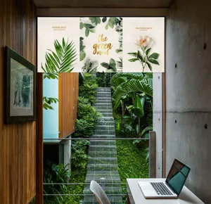 Short fabric door curtain with botanical green leaf print and aesthetic English typography design.