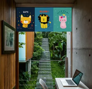 Cartoon short door curtain fabric blackout curtain decorative panel with cute animal prints.