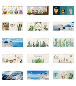 Various short fabric door curtains featuring cute cartoon animals, plants and scenic prints.