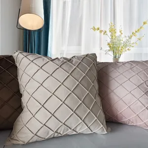 Velvet throw pillow cover detail, Nordic geometric pinch pleat square cushion decor.