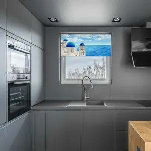 Scenic roller blind with blue domed architecture print installed in modern kitchen window detail view.
