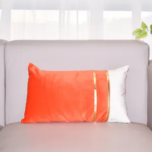 Modern velvet decorative throw pillow cover, orange and white color-blocked with gold stripes