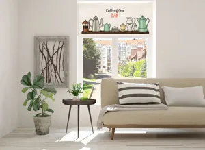 Kaffee Tee Bar Motiv kurzer Vorhang Detail Szene, Kaffeestil Fensterschatten Stoff für Küche.