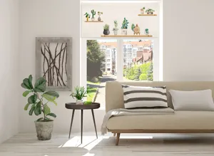 Klebefreier Verdunkelungsvorhang mit Topfpflanzen Druck, modernes Fensterrollo Detail.