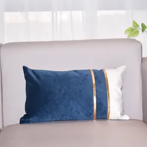 Velvet decorative pillow cover with gold stripes, blue and white modern sofa lumbar cushion.