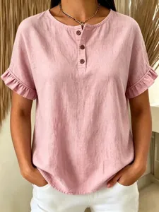 Casual pink short sleeve blouse for women with button placket and cute ruffle details.