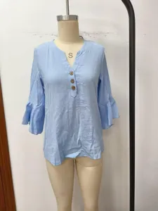 Light blue v-neck flare sleeve casual cotton linen blouse top detail view.