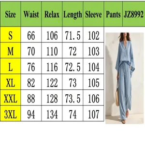 Size chart detail showing waist and length measurements for the casual linen two-piece outfit.