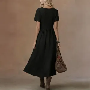 Women black short sleeve loose midi dress casual elegant summer outfit back view fashion apparel