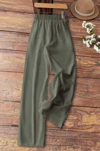 Casual linen wide-leg pants for women featuring a comfortable high elastic drawstring waist.