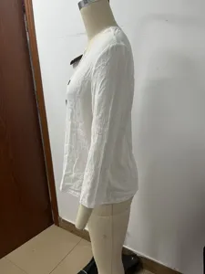 White linen blend V-neck button-decor 3/4 sleeve loose casual shirt top for women