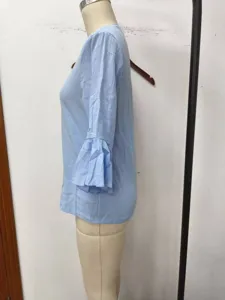 Light blue cotton linen ruffled sleeve casual loose blouse for women elegant summer top