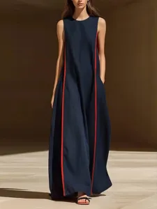 Women Summer Linen Sleeveless Loose Maxi Dress Minimalist Round Neck Contrast Color Side Stripe Casual Long Dress