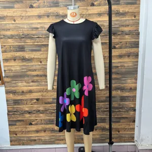 Women's Black Casual Round Neck Short Sleeve Dress with Colorful Floral Print Detail