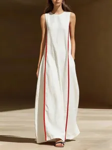 Detail view of the sleeveless linen maxi dress featuring bold red side stripes and relaxed fit.