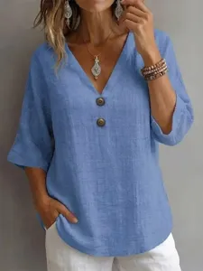Women's French V-Neck Three-Quarter Sleeve Top Loose Polyester Woven T-Shirt Decorative Button Casual Office Blouse Spring Summer
