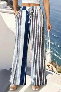 Casual striped wide leg pants for women with drawstring waist and pockets summer beach wear