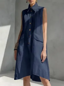 Detail view of the elegant sleeveless linen-blend dress featuring front buttons and pockets.