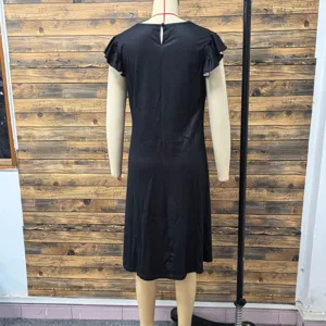 Back view of a casual black O-neck short sleeve dress for women, stylish and comfortable.