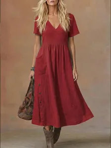 Elegant red V-neck short sleeve midi dress with pockets and side buttons for women casual wear.
