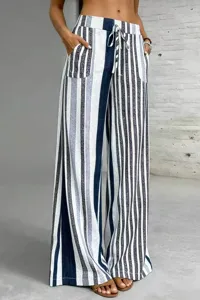 Detail view of women striped wide leg linen pants with adjustable drawstring waist.