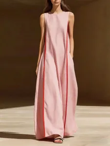 Women summer linen sleeveless loose color block stripe maxi dress elegant casual wear