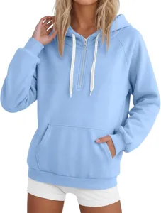 Felpa con cappuccio e zip casual da donna in tinta unita, felpa manica lunga azzurra con tasca.