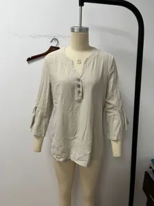 Women linen cotton V-neck flare sleeve casual loose blouse solid color top 2026 trendy