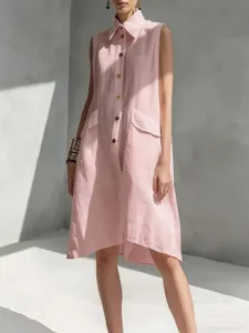 Stylish summer casual pink sleeveless shirt dress with lapel and buttons for women daily.