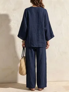 Solid color linen two-piece set, casual long sleeve top and wide leg pants for women.