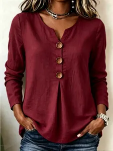 Women casual V-neck long sleeve cotton linen blouse with big buttons and stylish front pleats.