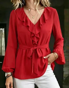 Elegant red long sleeve V-neck blouse featuring double ruffle collar and waist tie detail.